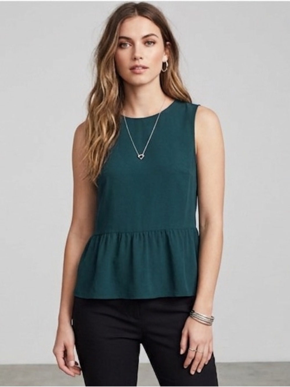 Madewell Top Peplum Sleeveless Jewel Neck Button Back Emerald Green XXS